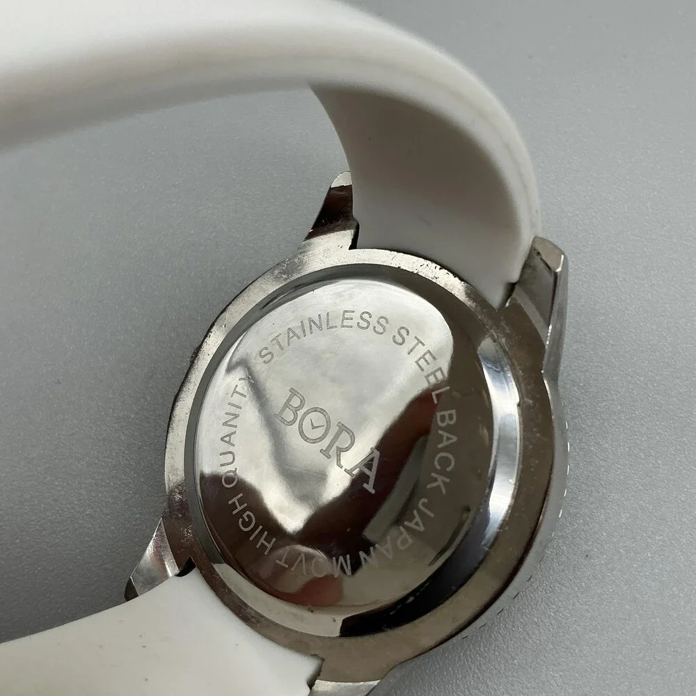 BORA Womens Watch 39mm Silver Tone White Silicone Crystals New Battery